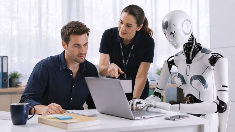 A Fair Work officer and an AI robot helping an employer review HR compliance on a laptop, illustrating AI and Fair Work regulation